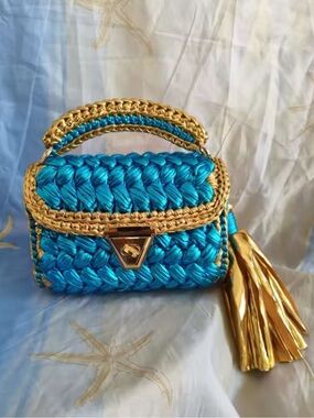 Macy's Sky Blue and Gold Woven Top-Handle Bag